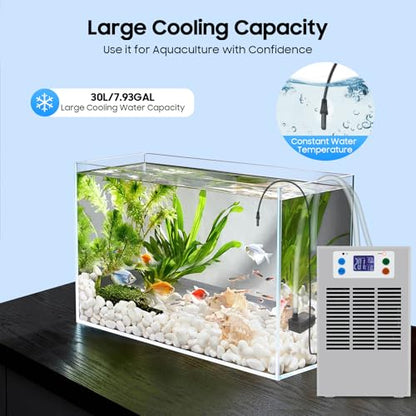 30L/7.93Gal Aquarium Chiller, 100W Low Noise Fish Tank Water Cooler with Special Quiet Design Refrigeration Compressor ＆ Water Tube for Axolotl Coral Jellyfishe (30L/7.93Gal)