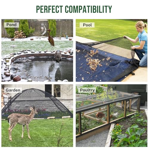 Pond Netting for Koi Ponds, 7 x 10ft Koi Pond Net Cover, Durable & Sturdy Pond Netting Cover for Leaves, Protect Koi Fish Against Herons, Raccoons, Cats & Predators, 12pcs Stakes Included