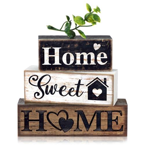 4 Pcs Farmhouse Wooden Tabletop Decor Farmhouse Tiered Tray Decor Rustic Eucalyptus Leaves Wood Block Sign Gift Sweet Home Centerpiece Home Table Decortion