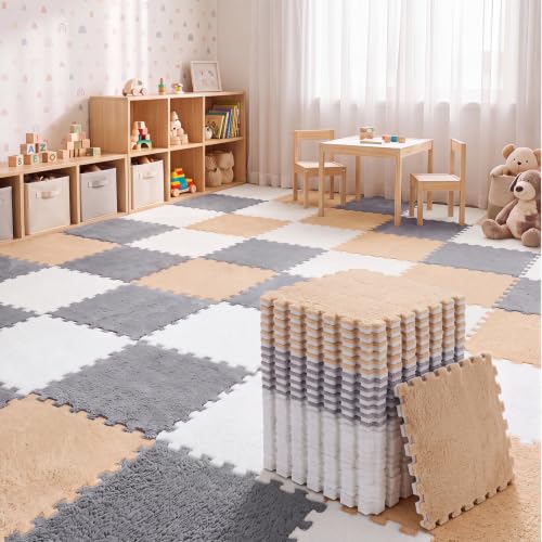 Amylove 36 Pcs Foam Interlocking Carpet Tiles,White, Light Gray, Camel - color: White, Light Gray, Camel