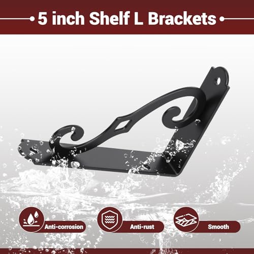 HOME MASTER HARDWARE 5" Decorative Shelf Brackets 10-Pack, Black L-Shaped Floating Shelves for Small Plants/Photo, Corner Mount Support with Screws