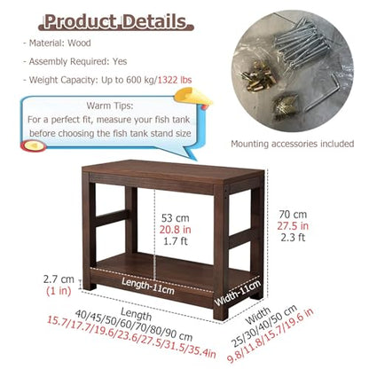 20 30 40 55 70 Gallon Long Aquarium Stand - Reptile Breeder Turtle Terrarium Stand Rack - 70cm Tall Aquarium Stand Furniture/Double Fish Tank Stand with Shelf（Brown-lxwxh-35.4x15.7x27.5）