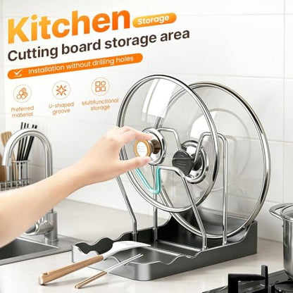 Pot Lid Rack, Cutting Board & Utensil Holder White | Space-saving rust-proof steel storage holds lids, boards, spoons and chopsticks
