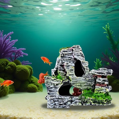 Artificial Moss Rock Aquarium Stone Cave, Resin Fish Tank Decor for Hiding and Landscaping, Small Mountain Terrain Ornament, Natural-Looking Habitat for Fish, Shrimp, and Reptiles, Decoration
