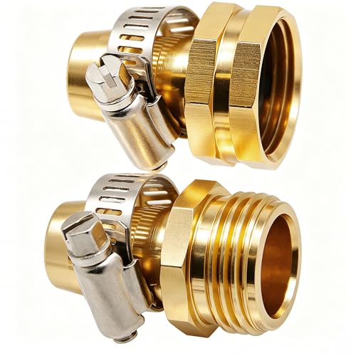Garden Hose Repair Connector with Clamps, Set of 3 Aluminum Water Hose End Replacement Fit for 3/4" and 5/8" Garden Hose Fittings - color: 3 Sets - Brass