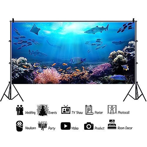 8x4ft Underwater World Backdrop for Photography Aquarium Seabed Rocks Lights Coral and Fishes Tropical Ocean Scene Under The Sea Background Kids Party Decoration Banner Photobooth Props - size: 8x4ft
