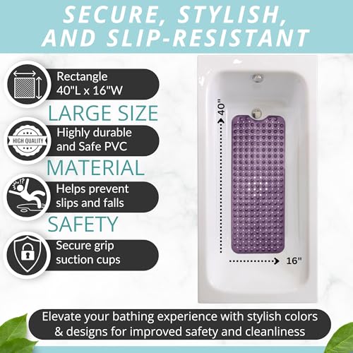 Bath Mat – 40 x 16 Inch Long Non-Slip Bathtub & Shower Mat with Suction Cups – Large PVC Bathroom Mat with Drain Holes for Tub & Shower (Bath - 40x16 Purple) - color: Purple