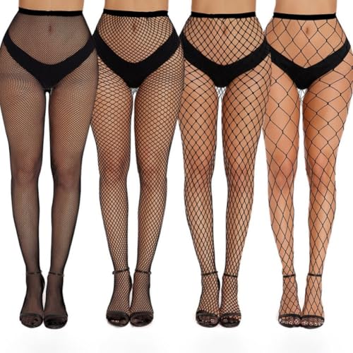 Women's 4 Pairs Fishnet Tights Set 4 Mesh Sizes High Waist Stretchy Nylon Stockings - color: Black