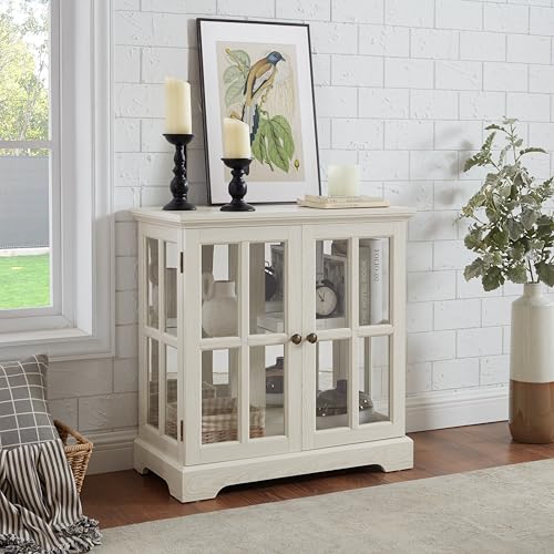 LED Curio Display Cabinet with Adjustable Glass Shelves, Retro Lattice Door Bookcase, Antique Home Decor Storage Showcase with Magnetic Closure