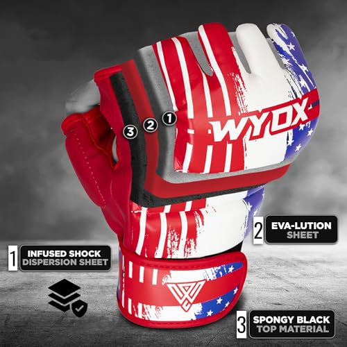 WYOX MMA Gloves & Boxing Focus Mitts Set – Hybrid Open Palm Grappling Gloves with Wrist Support + Curved Punching Pads with Gel Shock for Muay Thai, Kickboxing, Karate Training (Men & Women)