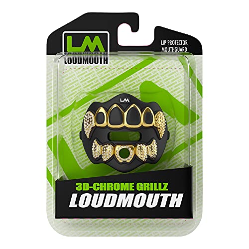 Loudmouth Football Mouth Guard for Youth & Adult - 3D Chrome Grillz Gold Teeth Mouthpiece with Strap, No-Boil Braces-Friendly Sports Mouthguard (Chrome Black/Gold) - color: 3d Grillz Bling - Chrome Black/Gold