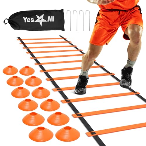 Yes4All Agility Ladder Speed Training Equipment, Adjustable Football Ladder for All Ages with Carry Bag, Durable, Portable, Multiple Colors & Rungs - color: L.Combo Orange Ladder & 12 Soccer Cones