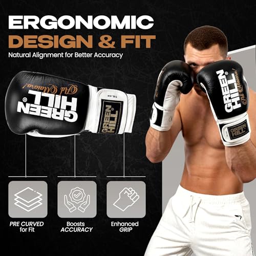 Green Hill Legend Leather Boxing Gloves for Men & Women - color: Black/White, size: 16 Oz