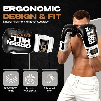 Green Hill Legend Leather Boxing Gloves for Men & Women - color: Black/White, size: 16 Oz