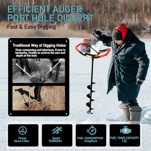 72cc Post Hole Digger, Gas Powered Post Hole Digger, Earth Auger Digger with 3 Drill Bit 4" & 8" & 12" and 2 Extension Rods 24" 24" for Planting Fence Farmland Garden & Plant, 2200W - size: 72cc