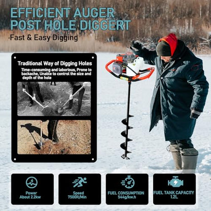 72cc Post Hole Digger, Gas Powered Post Hole Digger, Earth Auger Digger with 3 Drill Bit 4" & 8" & 12" and 2 Extension Rods 24" 24" for Planting Fence Farmland Garden & Plant, 2200W - size: 72cc