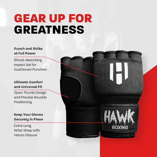 Hawk Padded Inner Gloves Training Gel Elastic Hand Wraps for Boxing Gloves Quick Wraps Men & Women Kickboxing Muay Thai MMA Bandages Fist Knuckle Wrist Wrap Protector Handwraps (Pair) - color: Black