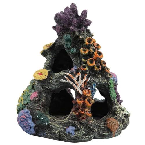 Coral Aquarium Decorations (Size: 6.3 x 4.7 x 4.7 inches) Small Fish Tank Decorations Hideout Resin Rock Mountain Cave Ornaments Betta Hideout House for Beta Sleep Rest Hide Play Breed - size: Large