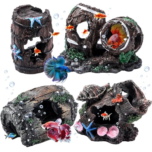 4 Pcs Fish Tank Decorations Broken Barrel Betta Hideout Cave Ornaments Aquarium Decorations Cave Large Fish Tank Ornaments for Small Shrimp Hide Pond(Classic)
