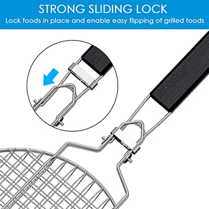 Linkidea Round Portable BBQ Grill Basket, Stainless Steel Fish Grill Rack with Removable Secure Locking Handle, Grill Accessories for Outdoor Grill Vegetables Fishes Shrimp