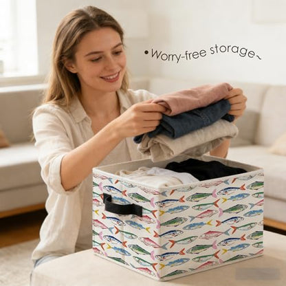 Colorful Fish Coastal Beach Storage Bins Box with Handles, Nautical Ocean Seafood Sardines Fish Foldable Basket Toybox for Kids Nursery Bedroom Bathroom Home Clothes Toys Books