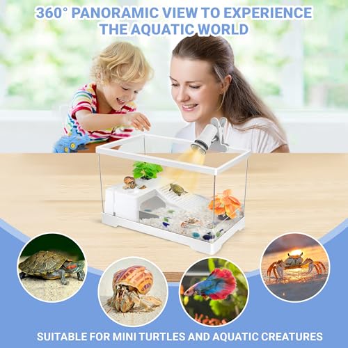 GOZILLA Mini Turtle Tank Kit with Adjustable Lamp, Upgrade PC Hermit Crab Tank,Small Turtle/Hermit Crab Starter Kit with Lid, Hideout Platform for Baby Turtles, Crabs, Fish.(11.8×7.24×7.1''/White Kit) - color: Mini-White02