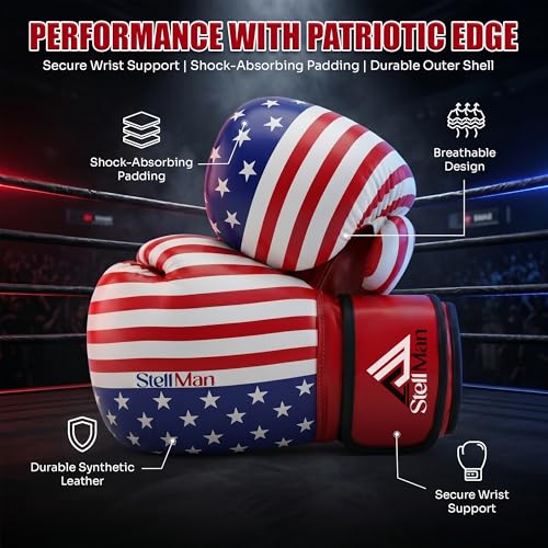 Boxing Gloves USA Flag Design for Men & Women 8oz-12oz – Muay Thai MMA Kickboxing Pro Training Sparring Gloves with Hook and Loop Wrist Support and Ventilation - size: 8 OZ