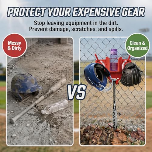 Baseball Softball Dugout Organizer - Fence-Mounted Hanging Holder for Bat Glove Helmet & Water Bottles - with Secure Clips - Heavy-Duty PLA 3D Print, Keeps Dugout Neat & Accessible - color: Red