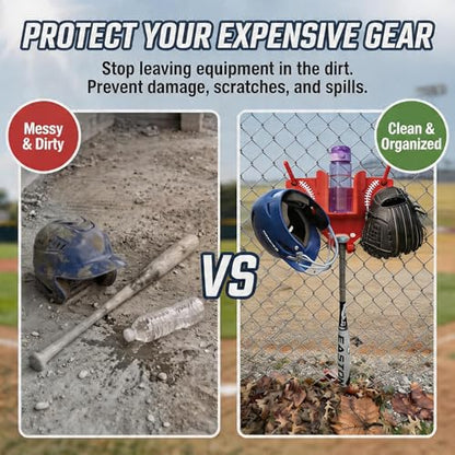 Baseball Softball Dugout Organizer - Fence-Mounted Hanging Holder for Bat Glove Helmet & Water Bottles - with Secure Clips - Heavy-Duty PLA 3D Print, Keeps Dugout Neat & Accessible - color: Red