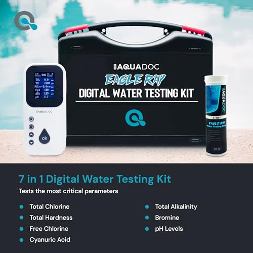 Eagle Ray Digital Water Test Kit for Pool & Spa by AquaDoc with Digital Water Tester and 30 Pool & Hot Tub Test Strips for Chlorine, Bromine, Total Hardness, Cyanuric Acid, Alkalinity and pH - size: Digital Water Test Kit