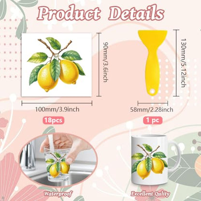 Peacoblue 18 Sheets Rub on Transfers for Crafts, Lemon 3.6"x3.9" UV DTF Cup Wraps Waterproof Rub on Cold Transfers Stickers for Wood Glass Metal Cup Tumblers Mirrors Mugs Home Decor - style: Lemon