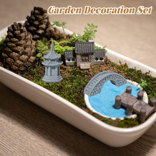 11Pcs Mini Zen Garden Accessories Miniature Fairy Garden Decoration Set Bridge Torii Gate Foo Dogs Sandstone Sculptures Statues for Fish Tank Patio Micro Terrarium Bonsai