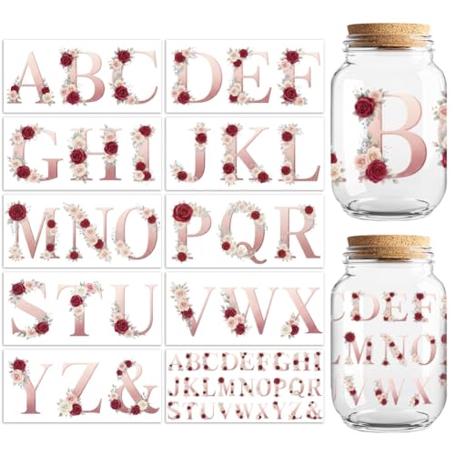 UV DTF Cup Wraps Transfer Stickers Flowers with 26 Alphabet Letters Pattern, 10 Sheets Waterproof Custom Vinyl Transfer Sticker 16oz Coffee Glass Cup Tumbler Bottle Mug Decals for Men Women - style: Flowers with 26 Alphabet Letters