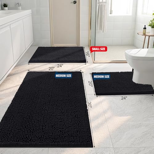 Smiry Luxury Chenille Bathroom Rugs 47x17, Extra Soft and Absorbent Shaggy Bath Mat, Machine Washable, Non-Slip Plush Carpet Runner for Tub, Shower, and Floor, Home Decor Accessories, Black