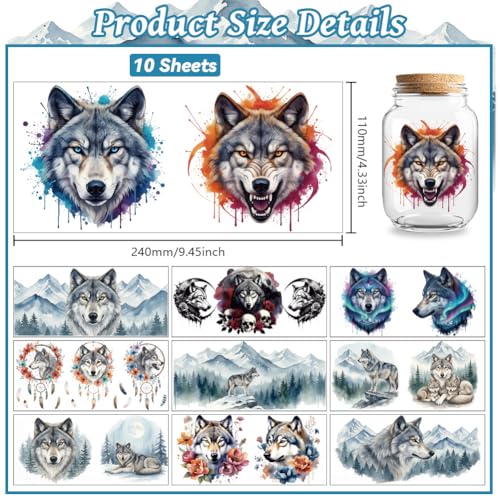 UV DTF Cup Wraps Transfer Stickers Wolves with Dreamcatchers and Mountains Pattern, 10 Sheets Waterproof Custom Transfer Sticker 16oz Coffee Glass Tumbler Bottle Mug Decals for Men Women