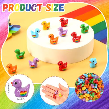 100 Pcs Mini Pride Ducks, Rainbow Resin Duck Figurines Tiny Animals Miniature for Pride Month Decorations DIY Party Favors Stocking Stuffers Aquarium Dollhouse Accessories