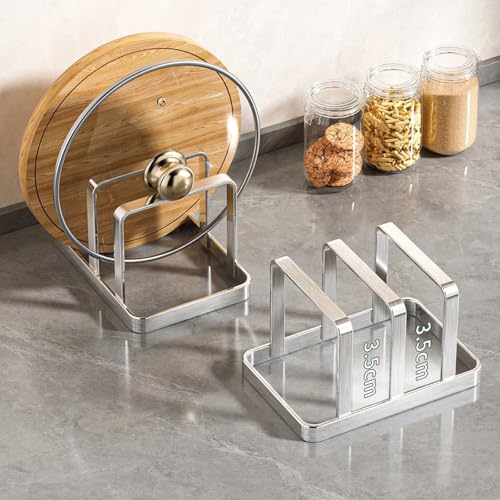 Space-Saving Stainless Steel Pot Lid and Cutting Board Organizer Countertop Rack - Silver