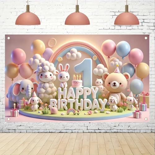 First Birthday Party Banner 71x43 Inch Cute Animal Rainbow Number One Cake BalloonDecoration for Baby Boy or Girl 1st Birthday Celebration Photography Background - color: Cute Little Animals