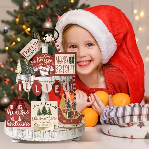 Smile 15 Pcs Christmas Indoor Decor, Wooden Tiered Tray Decor Set Centerpiece, Christmas Tree Tabletop Decoration for Xmas Home - style: Christmas Retro