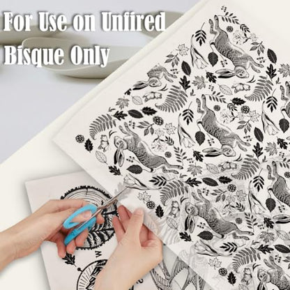 SUPERDANT 6PCS Rabbit Animals Underglaze Paper Transfer Fish Mushrooms Transfer Papers for Clay Ceramic Porcelain Under Glaze Transfers for Pottery Enamel Decals Black Underglaze Handcrafted Gifts