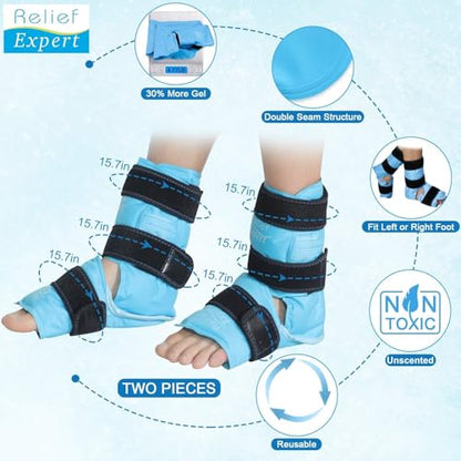 Relief Expert Ankle Ice Pack Wrap 2 Packs – Reusable Cold Gel Pack for Foot and Heel, Dual-Sided Design with Soft Plush Lining, Flexible Cold Compress for Achilles and Ankle Support, Blue - style: Blue-Pack 2