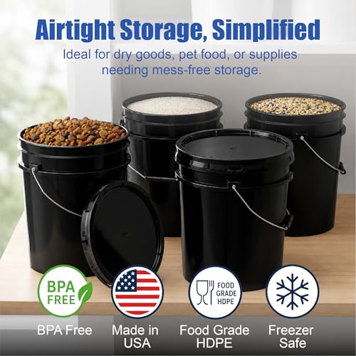 5 Gallon Bucket - Food Grade Bucket with Airtight Gasketed Tear Strip Lid, BPA-Free, Heavy-Duty 90 Mil HDPE Plastic Pail, Bulk Storage, Durable Container, Made in USA - Black, 1 Pack - color: Black, size: 1 Pack