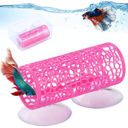 Betta Fish Tunnel Tank Accessories Safe Hollow Hammock Cave Aquarium Fish Toy Decor Hideout Tube Shelter with Suction Cups for Small Fish Shrimp Reptile Guppies Habitat (Hot Pink)