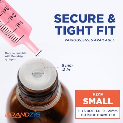 Medicine Bottle Syringe Adapter For Oral Dispensers (Size Small, 50 Pack) | Press In Bottle Adapter for Liquid Medication | Only Fits Brandzig 1ml, 3ml, 5ml & 10ml Syringes