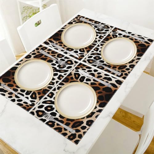 Placemat Set of 4 Washable Place Mats Heat Resistant Leopard Print Table Mats for Kitchen Non-Slip Placemats Wipeable Desktop Protection Mat for Dining Table - color: Leopard Print