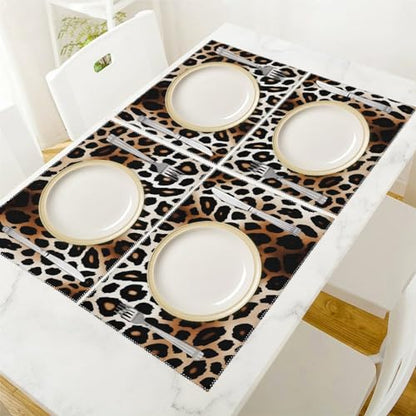 Placemat Set of 4 Washable Place Mats Heat Resistant Leopard Print Table Mats for Kitchen Non-Slip Placemats Wipeable Desktop Protection Mat for Dining Table - color: Leopard Print