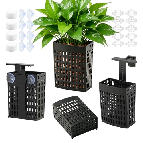 4 Pack Adjustable Aquarium Plant Holders, Hanging Hydroponic Baskets for Fish Tank, Height-Adjustable Extendable Hook, Include Plant Clips & Grow Sponges