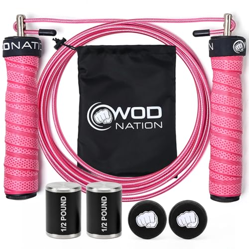 WOD Nation Weight Jump Rope for Men & Women, 1LB Adjustable Heavy Speed Rope with Removable Handle Weights, Dual Cables for Cross Training, Cardio, Home Workouts Adult Fitness Jump Rope - color: Pink