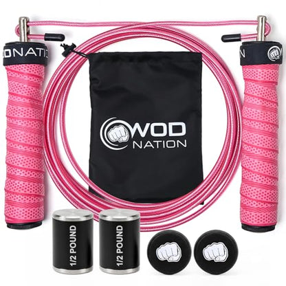 WOD Nation Weight Jump Rope for Men & Women, 1LB Adjustable Heavy Speed Rope with Removable Handle Weights, Dual Cables for Cross Training, Cardio, Home Workouts Adult Fitness Jump Rope - color: Pink