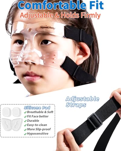 Nose Guard for Broken Nose - Adjustable Face Shield for Basketball, Soccer & Softball - Shatterproof Face Guard with Soft Padding - Wide View and Lightweight (Small Size)